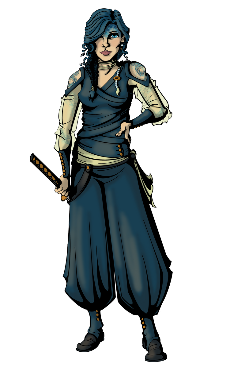 Seona, representation of Grace in the Sovereign Choice, her face is blue blending almost seamlessly with her long blue/black hair that is pinned back in an elegant fashion. Her clothing is loose, and flowing, but cinched tight at her ankles and wrists. She is as graceful and fluid as water, carrying a single katana sword. 