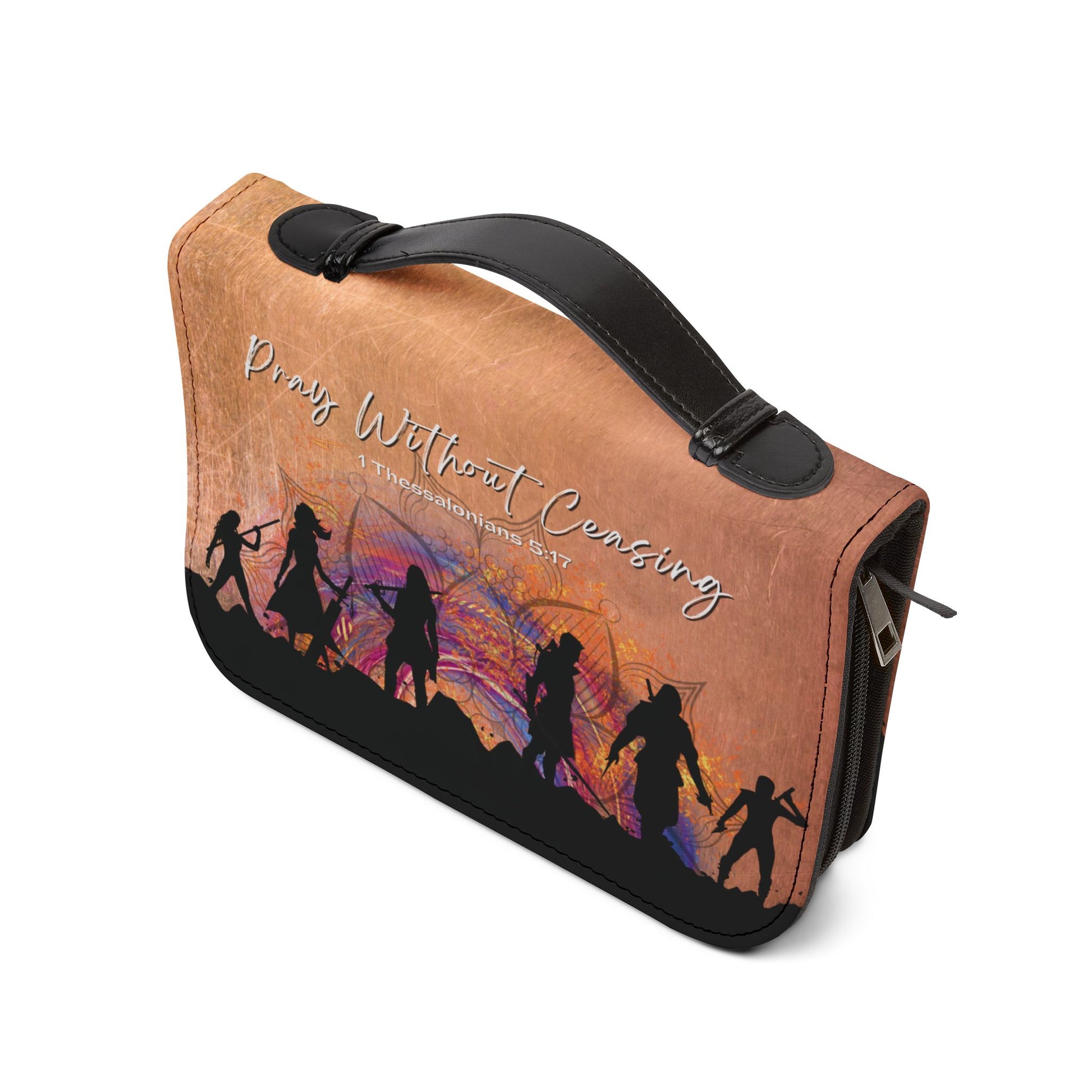 Side view of the Prayer Warrior's Bible Cover featuring a durable zipper and convenient carry handle, designed for easy transport and secure protection of your Bible and study tools.
