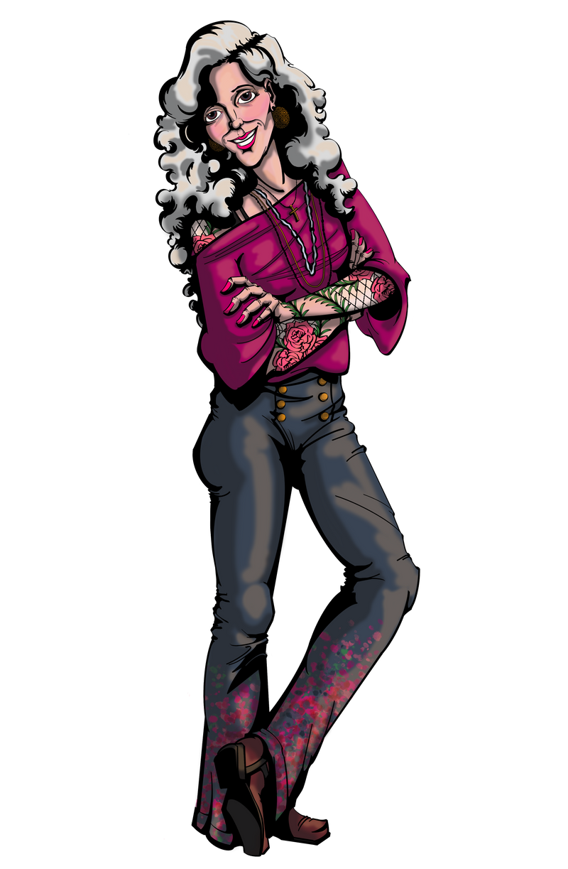 The Sovereign Choice Christian Comic Book character Simone Savoie. Ada's grandmother is a slim woman with long curly hair and hippy punk style. She sports jeans a loose pink shirt and her rose tattoos, along with her gracious smile and generous spirit.  