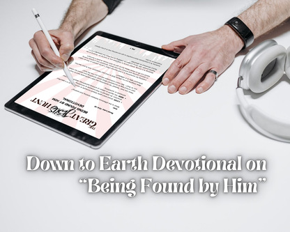 Person using a tablet with the Great Jesus Hunt: Being Found by Him Devotional on a white surface.