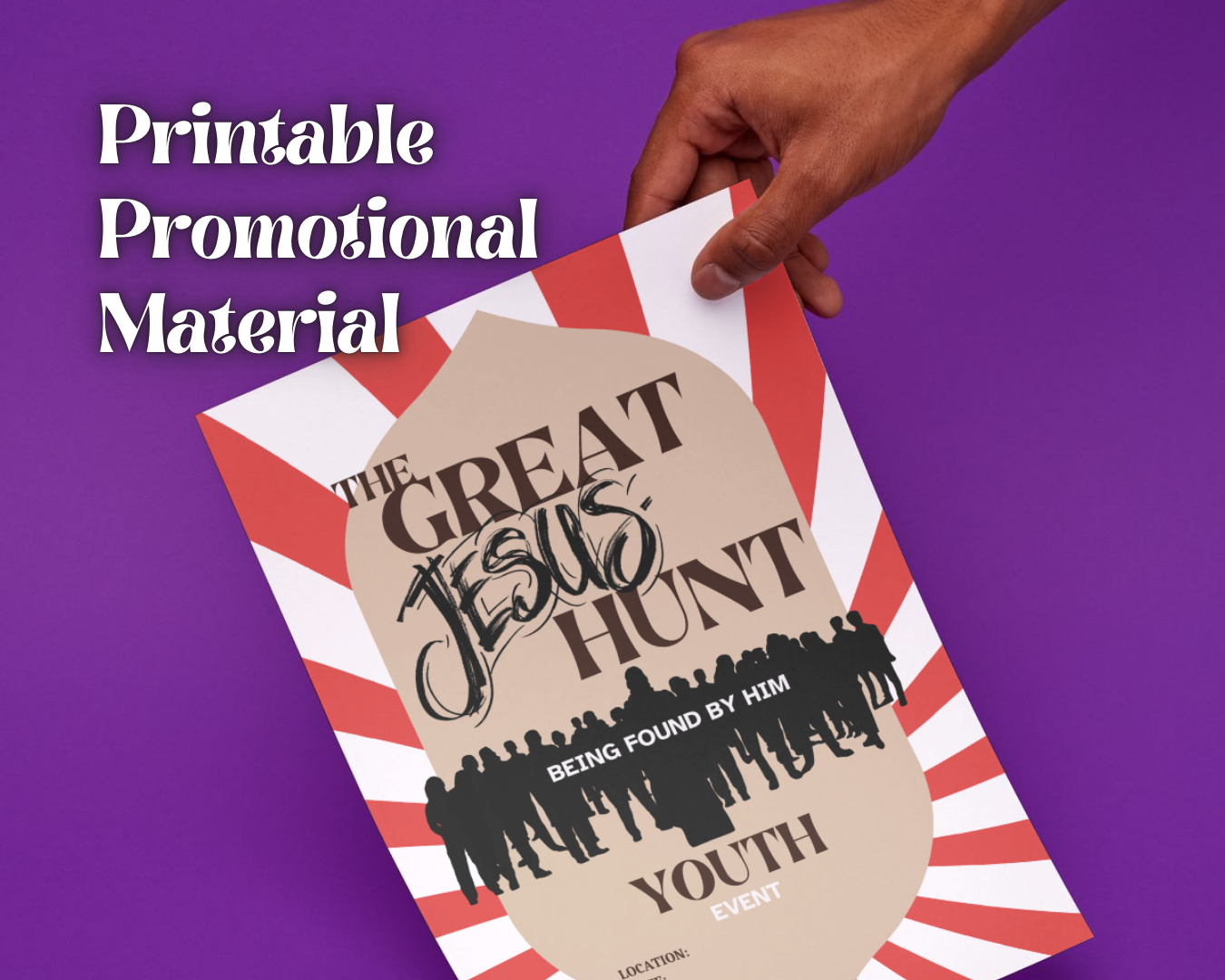 Hand holding promotional material for 'The Great Jesus Hunt Youth Event' on a purple background