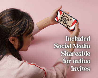 Person holding a phone with a 'Great Jesus Hunt' Social Media Shareable Invite sitting on a pink background