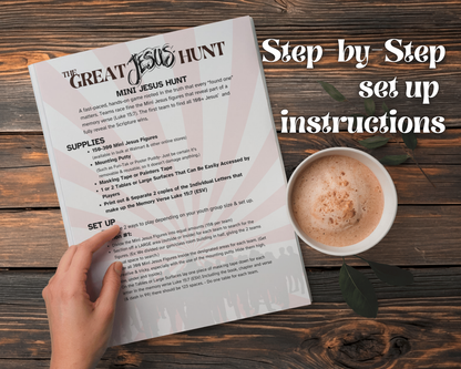 Hand holding a sheet of paper titled 'The Great Jesus Hunt', step-by-step setup instructions with a cup of coffee on a wooden surface.