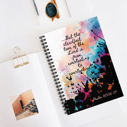 The Everlasting to Everlasting Spiral Christian Journal displayed on a white desk top beside several pencils, papers and clips—perfect for Bible study, journaling, or devotional time.