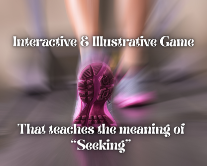 Pink shoes on a blurred background with text about the Great Jesus Hunt's interactive & illustrative game that teaches the meaning of truly seeking.