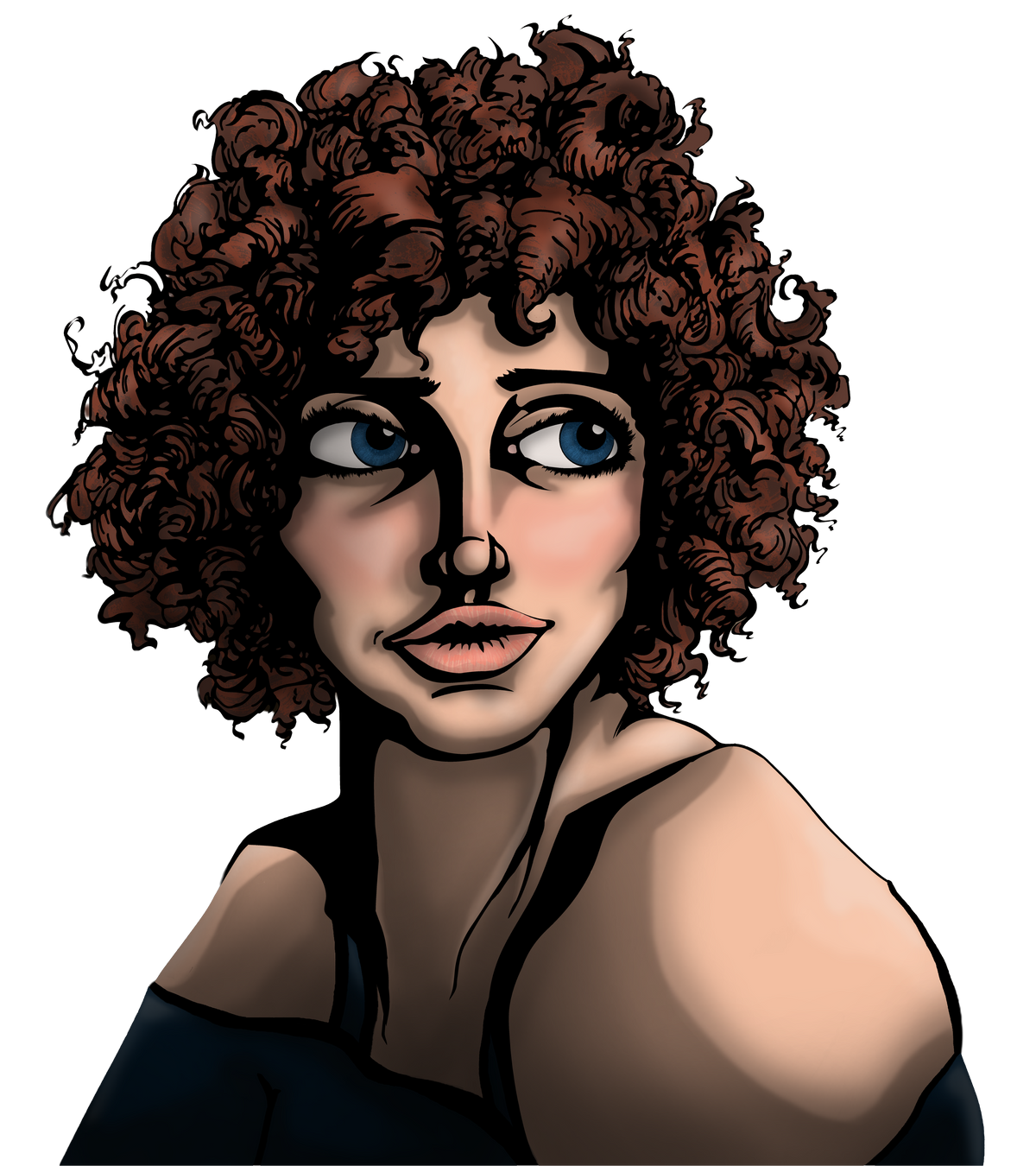 Headshot of Ada Savoie from the Sovereign Choice Christian Comic. With her fair skin, curly hair and big blue eyes, you can't help but wonder what is she looking at?