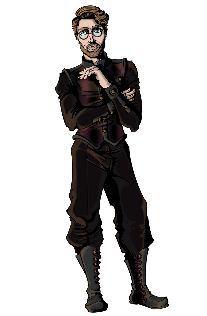 The Sovereign Choice Christian Comic book character, Darius. A studious, thoughtful, ambitious man in a dark, steampunk-style outfit pondering his next move. 