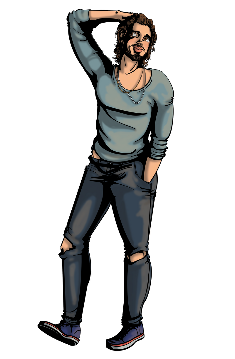 The Sovereign Choice Christian Comic book character Garrett Ryan, casually standing as he runs his hand through his shoulder length hair and shrugs in a "don't care" kinda manner. 
