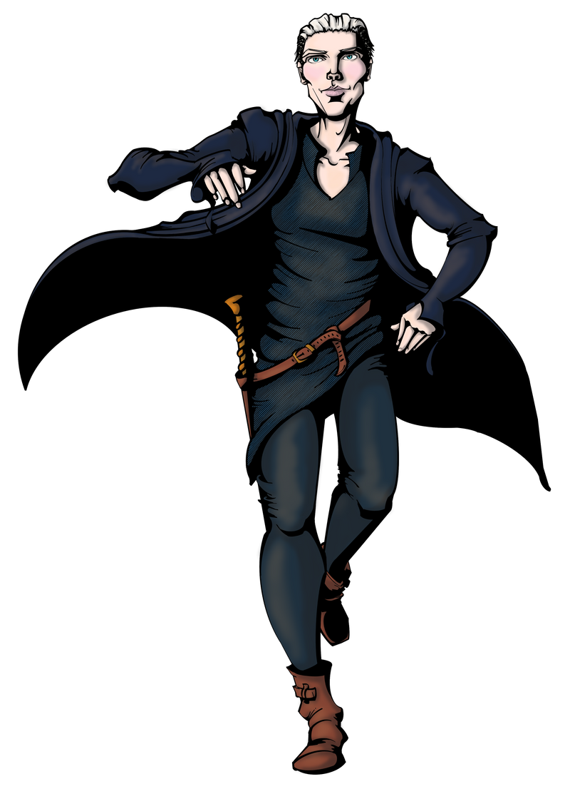 The Sovereign Choice Christian Comic book character Huxley. A leader of one of the largest factions in Levav, Huxley is pale compared to his dark blue shirt and flowing jacket. His white blonde hair is slicked back and his thin face has a permanent smug smile. 