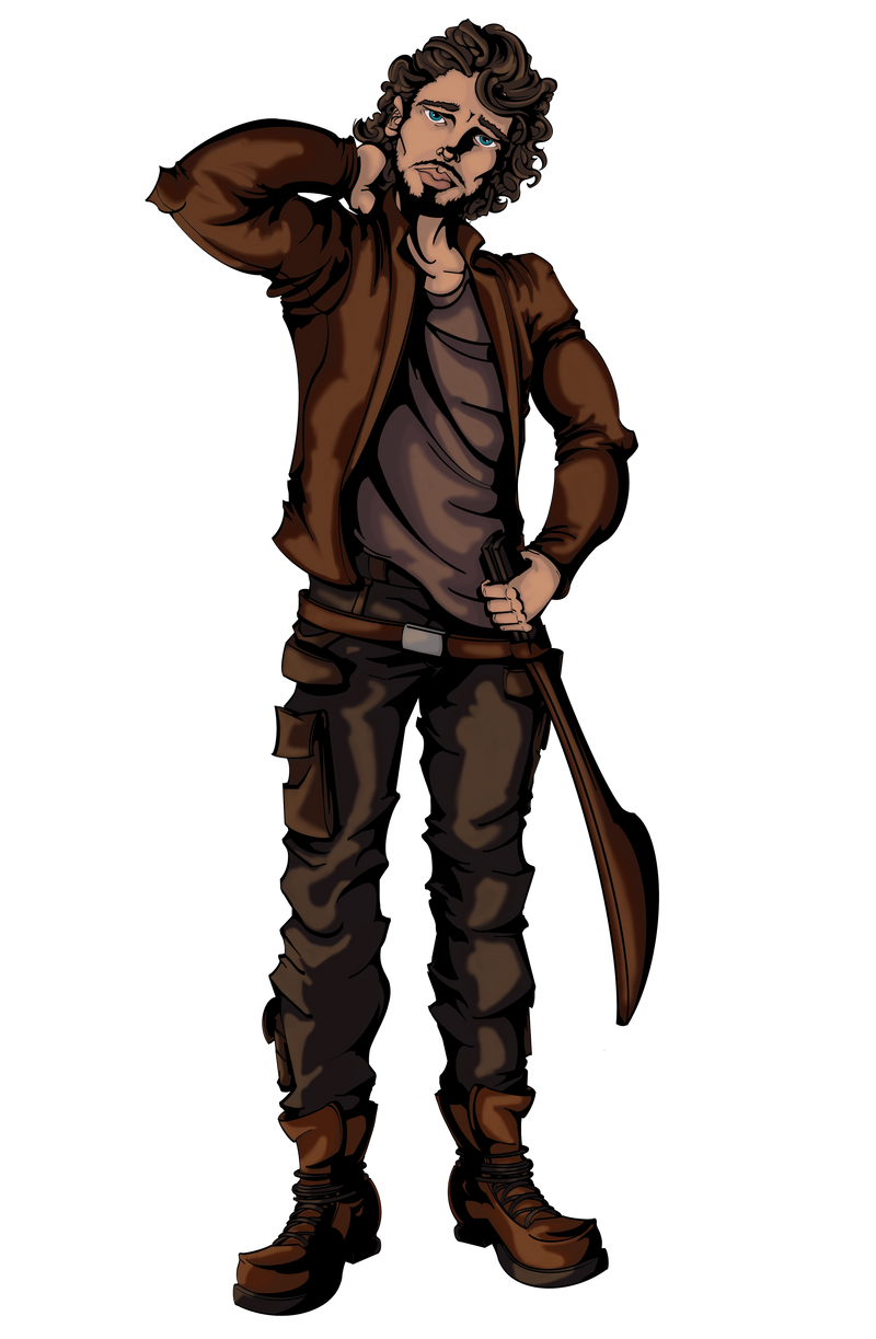 The Sovereign Choice Comic Book character, Rhys. With wavy brown hair and a concerned expression he rubs the back of his neck while tightening his grip on his sword. His brown leather jacket, earthy clothes and thick work boots tell he's a man not afraid to work hard. 