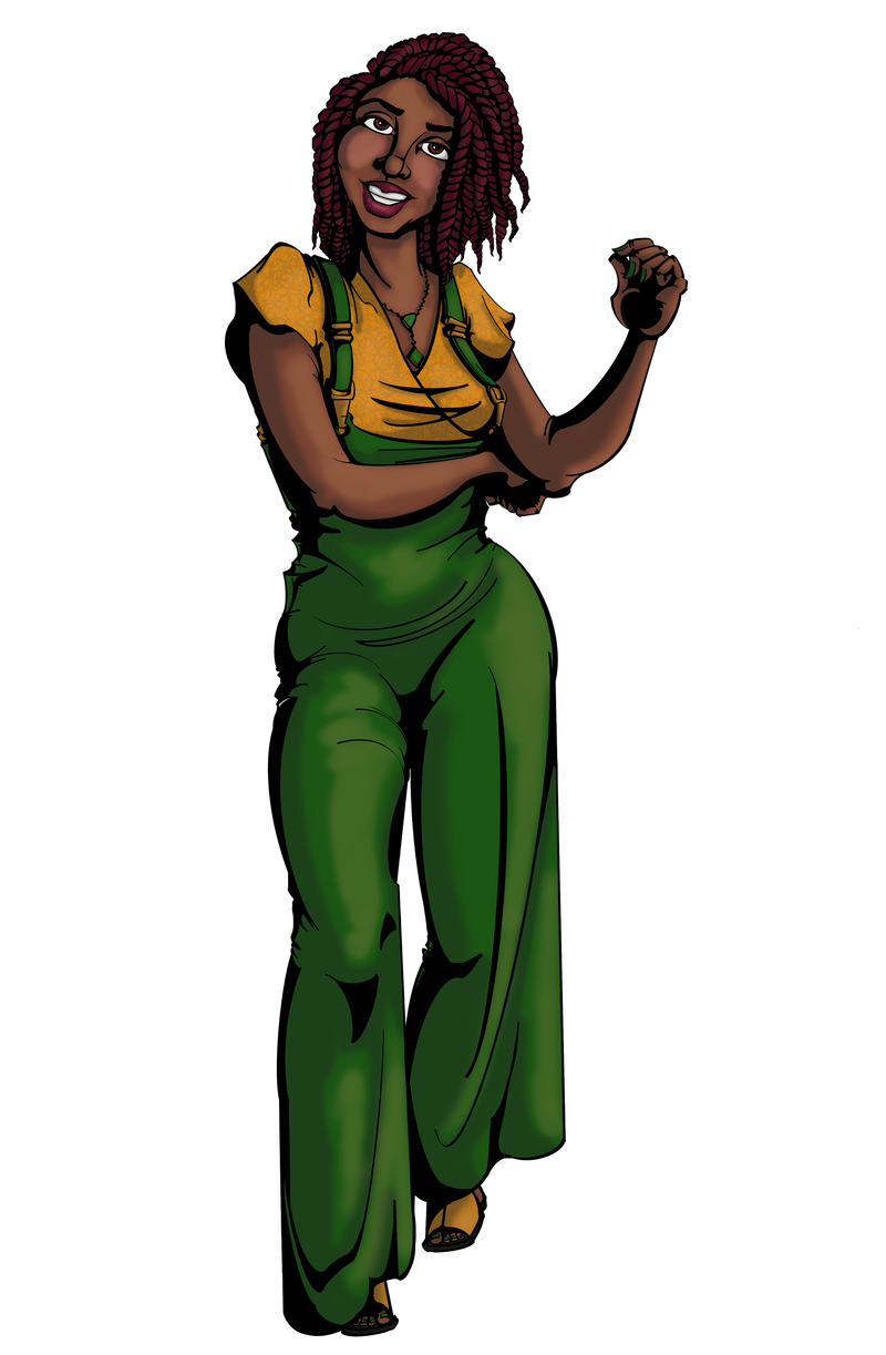 The Sovereign Choice Christian Comic book character Aretha "Reth" Washington, in her bright yellow shirt, green overalls and gorgeous smile. Her reddish brown shoulder length braids casually flop to the side as she tilts her head and examines the world around her. 