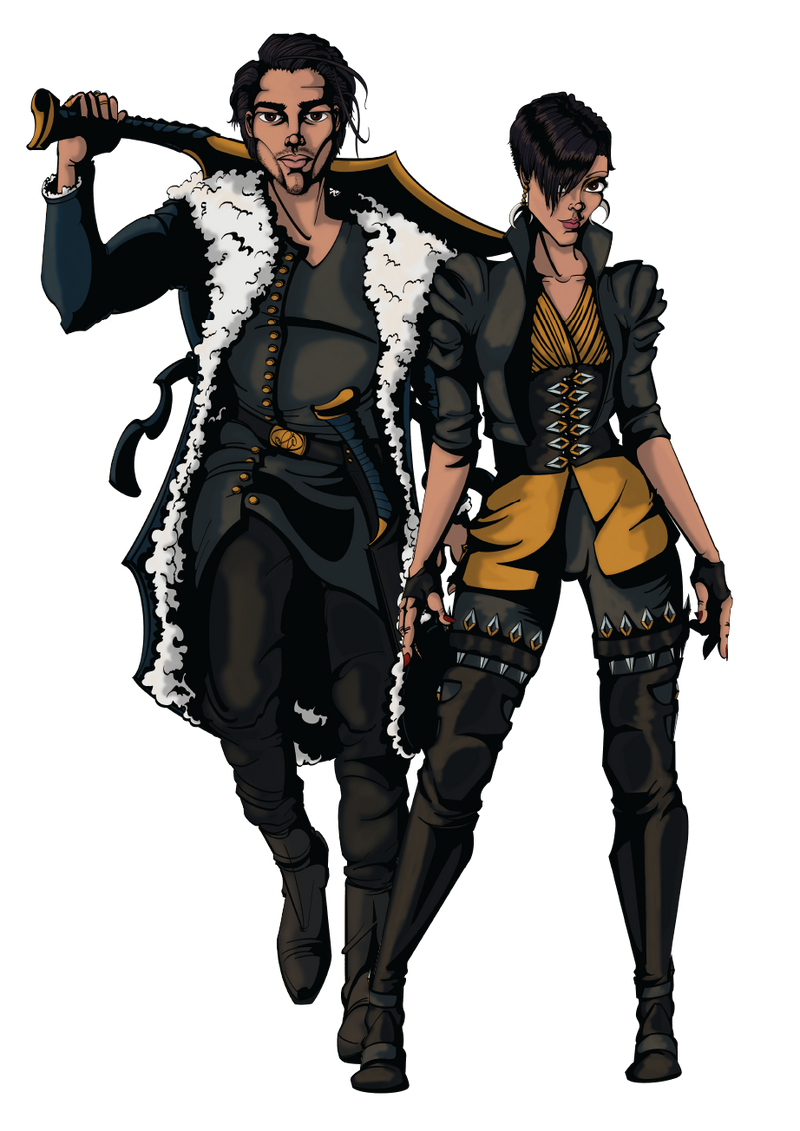 The Sovereign Choice Christian Comic Book characters Nazia and Ashmit. Individually they are formidable with her throwing knives and his double swords. Together they are lethal, dressed in black leather, with gold highlights these two don't care if they're seen coming.  
