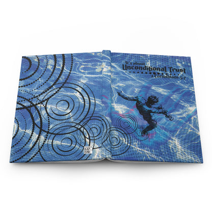 The Unconditional Trust Hardcover Christian Journal front and back covers lain flat to show it's matte finish and vibrant Christian illustration.
