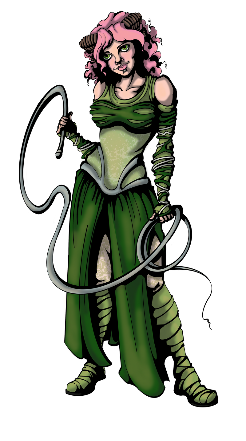 Thea, representation of Hope in the Sovereign Choice, is a doe-eyed petite woman wrapped in sheer green and white clothes intertwined with silver ribbons all running underneath an intricately designed breastplate. She loosely holds her silver whip. And her face is like a fawn, with soft pink curls gently falling to her shoulders and barely concealing the ram’s horns growing out of the side of her head. 