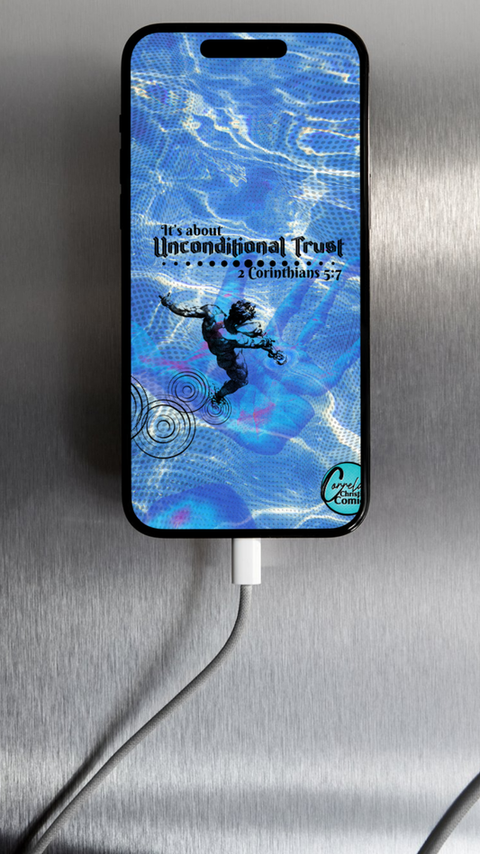 Faith-based phone lockscreen with a blue design of a man walking on water, supported by God's unseen hand. 