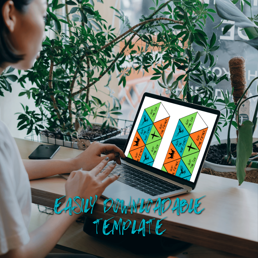 Unfolding the Trinity Template design show on a computer screen with overlaid text that says: Easily downloadable template. 