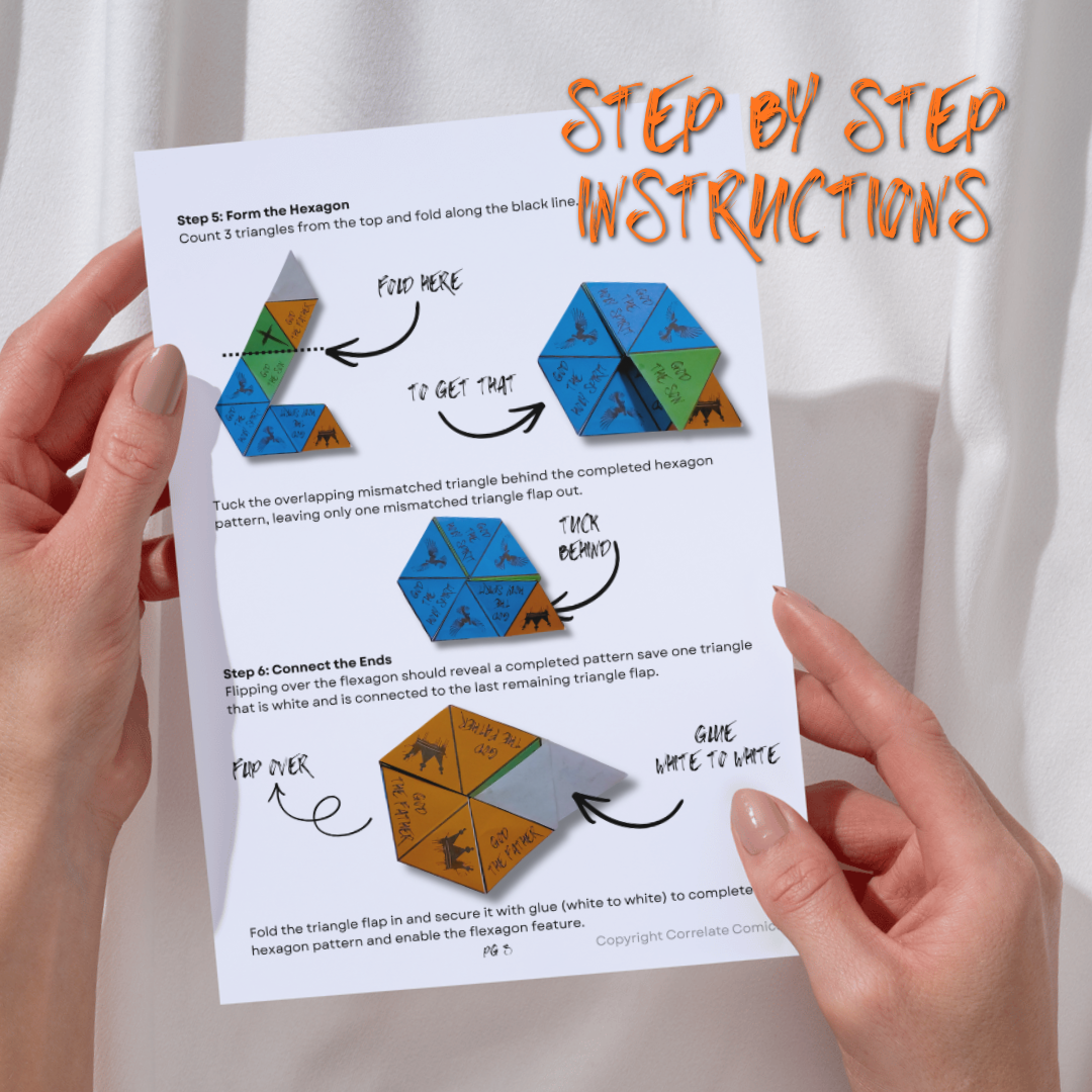Someone holding up a single page of the Unfolding the Trinity step by step assembly instructions. 