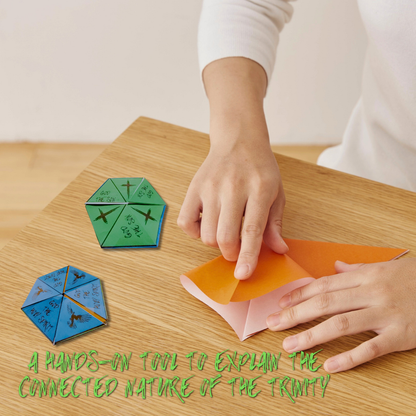 Someone folding orange paper on a wood table surface, with two completed Unfolding the Trinity flexagons sitting next to them. Text over lay says: A hands on tool to explain the connected nature of the Trinity. 