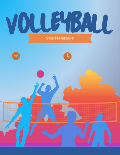 Customizable Youth Group Flyer for 'Volleyball night' with a sunset skyline and silhouetted people playing ball.
