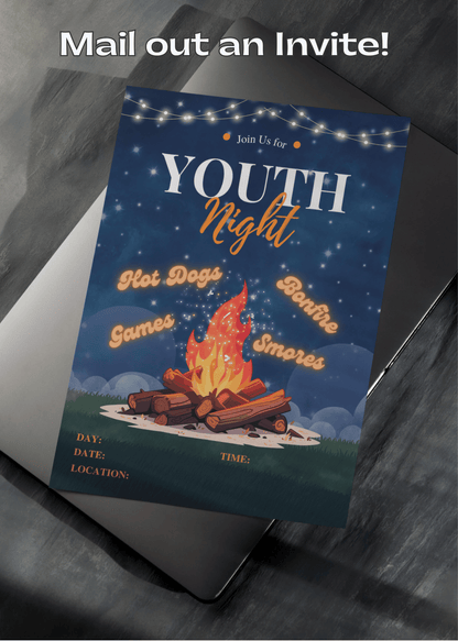 Mail Out Invitation example of the customizable flyer for 'Youth Night Bonfire' with a campfire design on a dark surface.