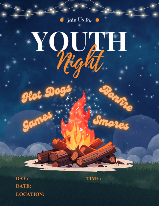 Customizable Youth Group Flyer for 'Youth Night Bonfire' with a campfire and starry night design.