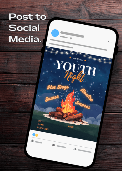 Phone screen displaying a customizable 'Youth Night Bonfire' event flyer on social media, sitting on a wooden background.