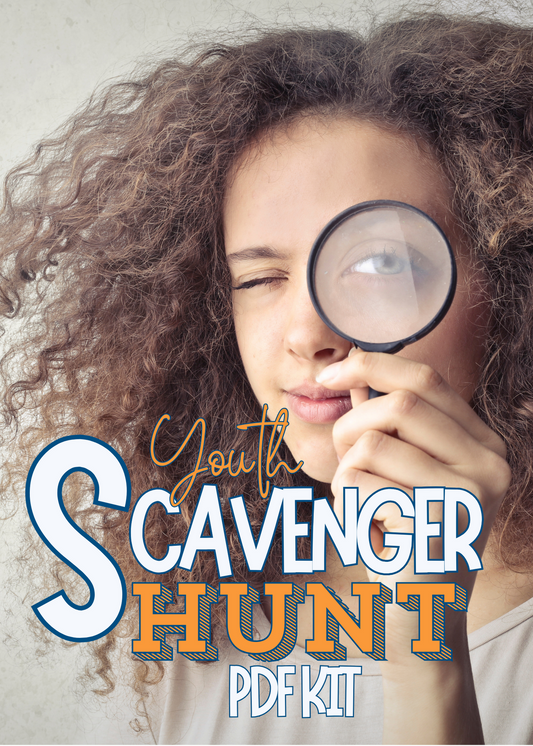 Girl holding a magnifying glass with text 'Youth Scavenger Hunt PDF Kit' on a light background