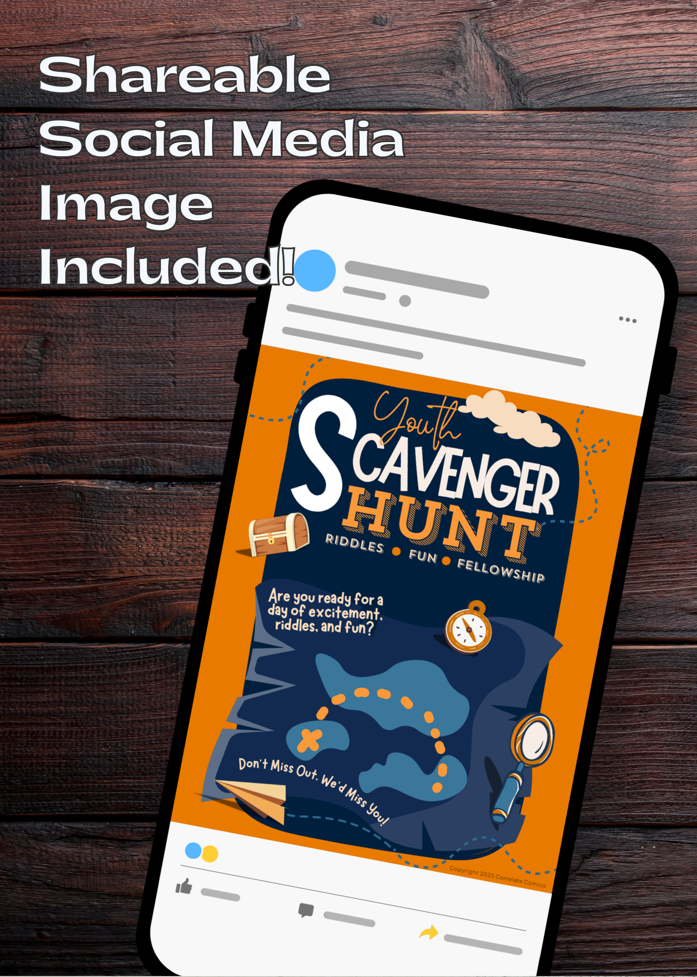 Phone displaying the church youth group scavenger hunt social media shareable, sitting on a wooden background