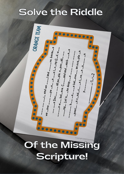 Youth Group Scavenger Hunt's final puzzle: "The missing scripture" sitting on a dark surface