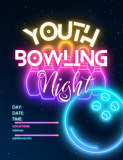 Customizable Youth Group Flyer for 'Youth Bowling Night with neon bowling pins & a ball over a starry night design.