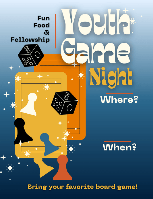 Customizable promotional poster for Youth Group Game Night with dice and cards on a blue background