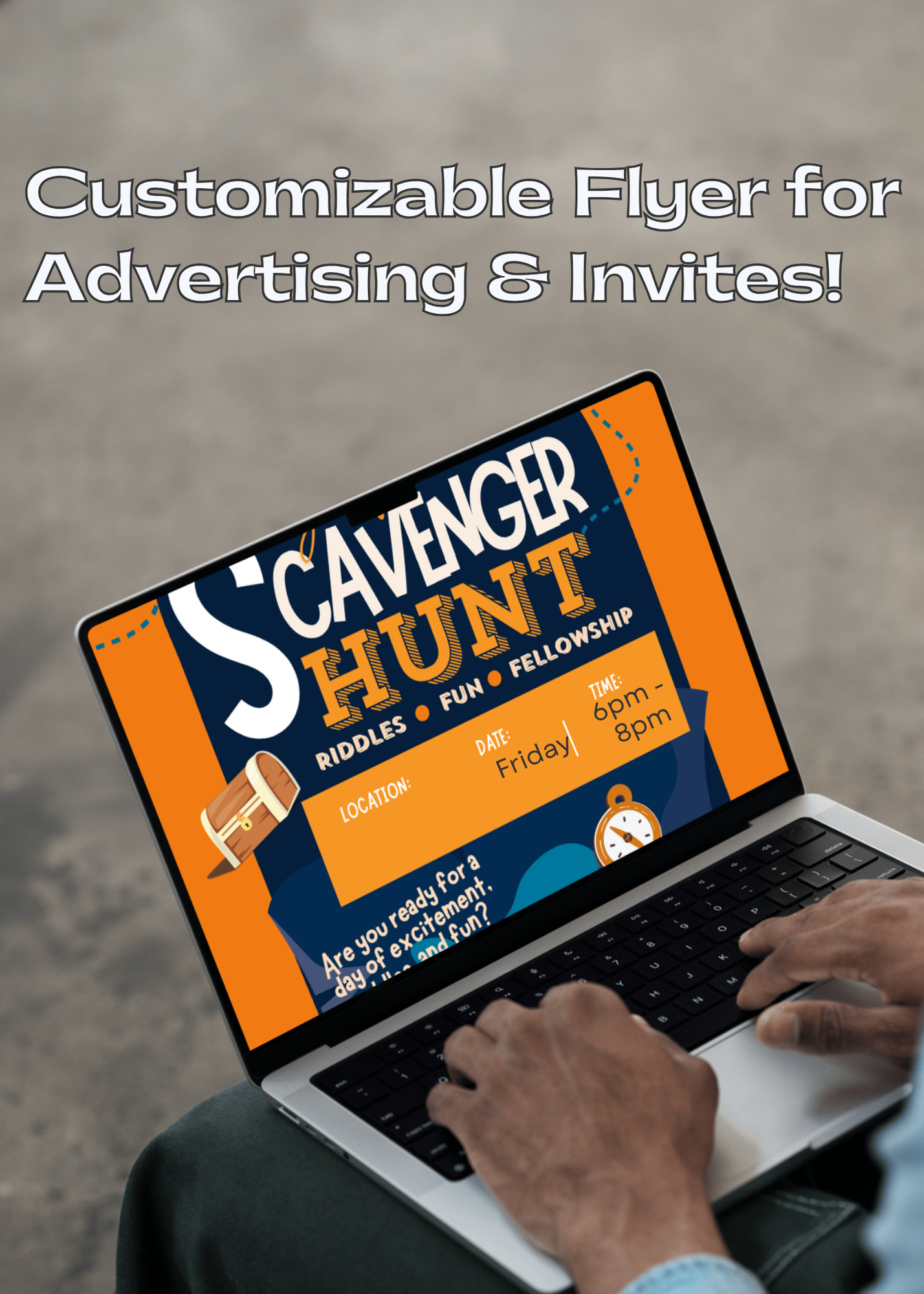 Laptop displaying the Customizable Flyer for the Youth Group Scavenger Hunt. Easily making Advertising & Invites for church events and youth outreach!