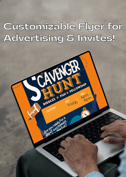 Laptop displaying the Customizable Flyer for the Youth Group Scavenger Hunt. Easily making Advertising & Invites for church events and youth outreach!