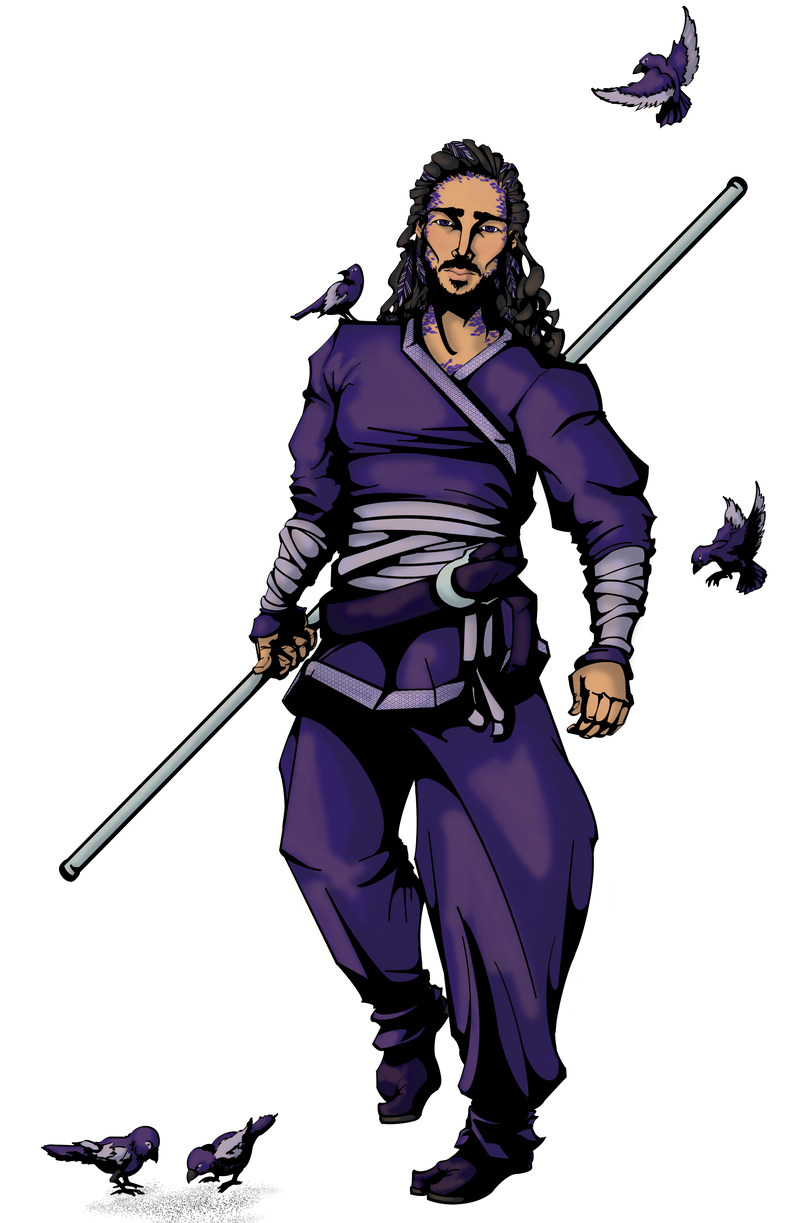 Zandar, representation of Truth in the Sovereign Choice, a lean muscular Asian looking man with sleek long black hair that is partially up; he is wearing blue and white robes. And he carries a bow staff and is surrounded by birds on a white background.