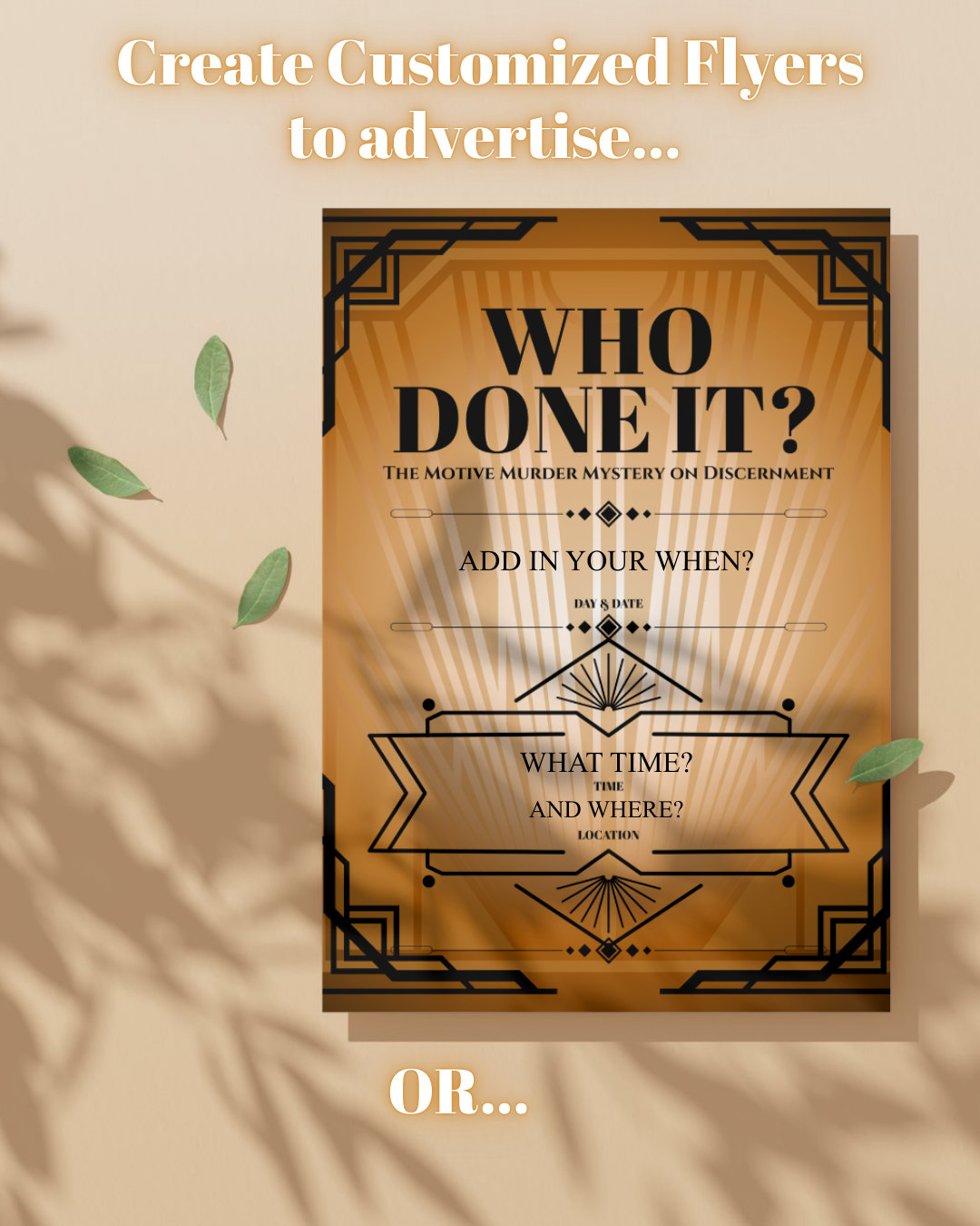 Example of editable flyer for Who Done It? youth group murder mystery game, customizable for church events.