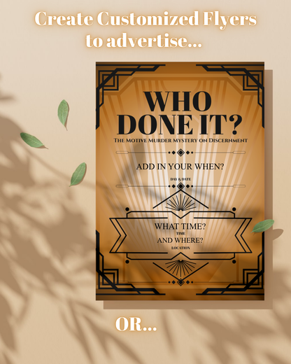 Example of editable flyer for Who Done It? youth group murder mystery game, customizable for church events.