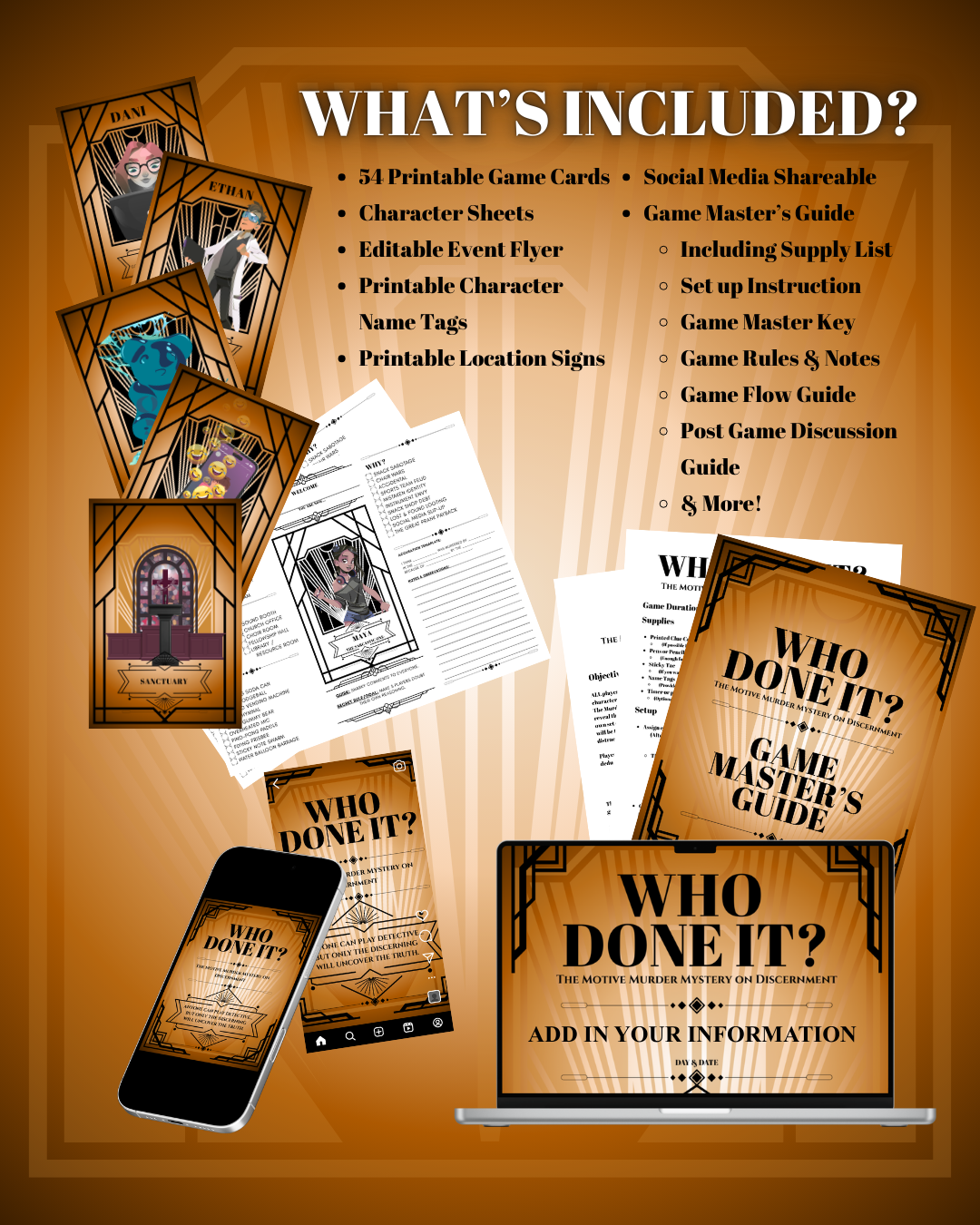 All-in-one Who Done It? Motive Murder Mystery youth group game packet including printable game cards, character sheets, editable flyers, social media graphics, Game Master’s Guide, clue cards, and post-game discussion guide for teaching biblical discernment.