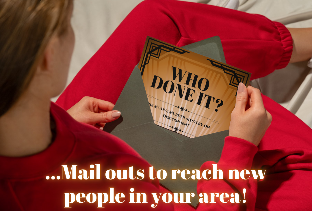 Woman opening an envelope with editable Who Done It? flyer inside for mailing invitations to church youth events.