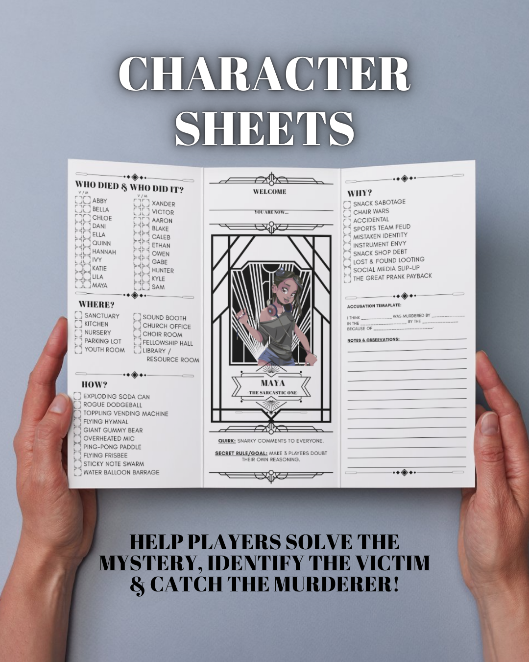 Example character sheet from Who Done It? youth group mystery game helping players solve clues and practice discernment.