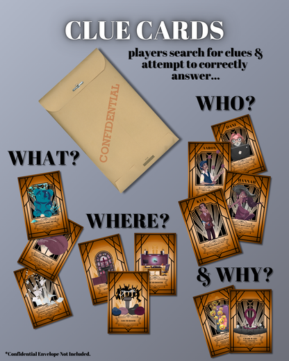 Printable clue cards and confidential envelope from Who Done It? murder mystery game for church youth ministry events.