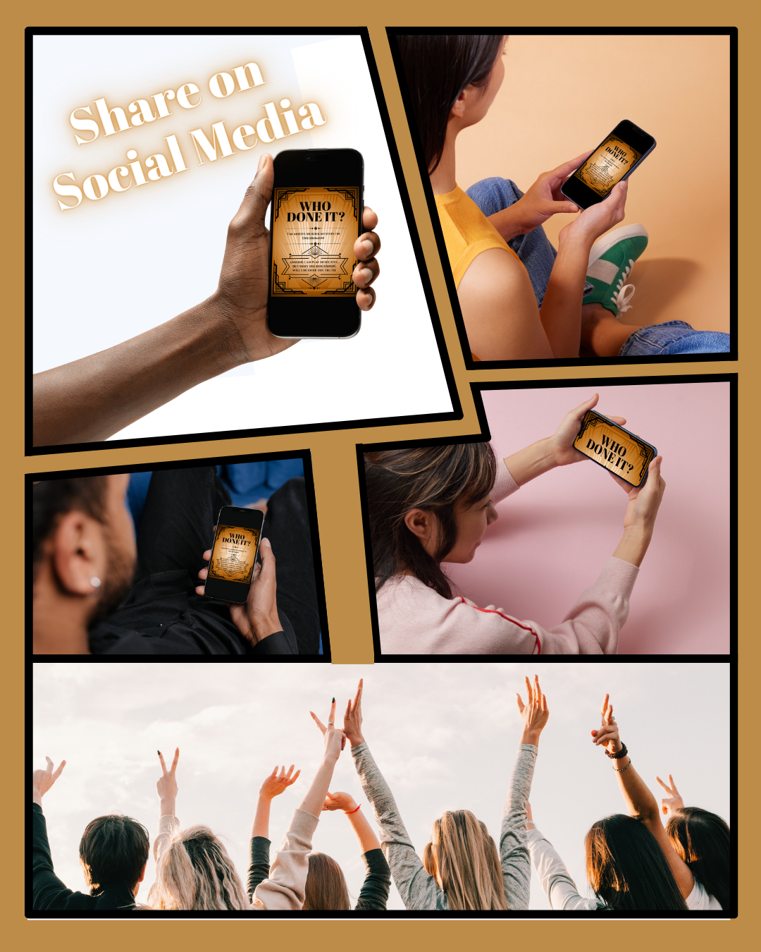 Comic panel showing teens sharing and reacting to the Who Done It? social media post for a printable Christian mystery game.