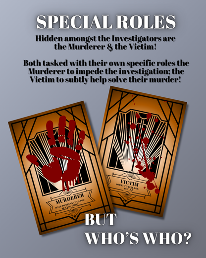 Special role cards for murderer and victim in Who Done It?, a Christian printable youth group murder mystery game.